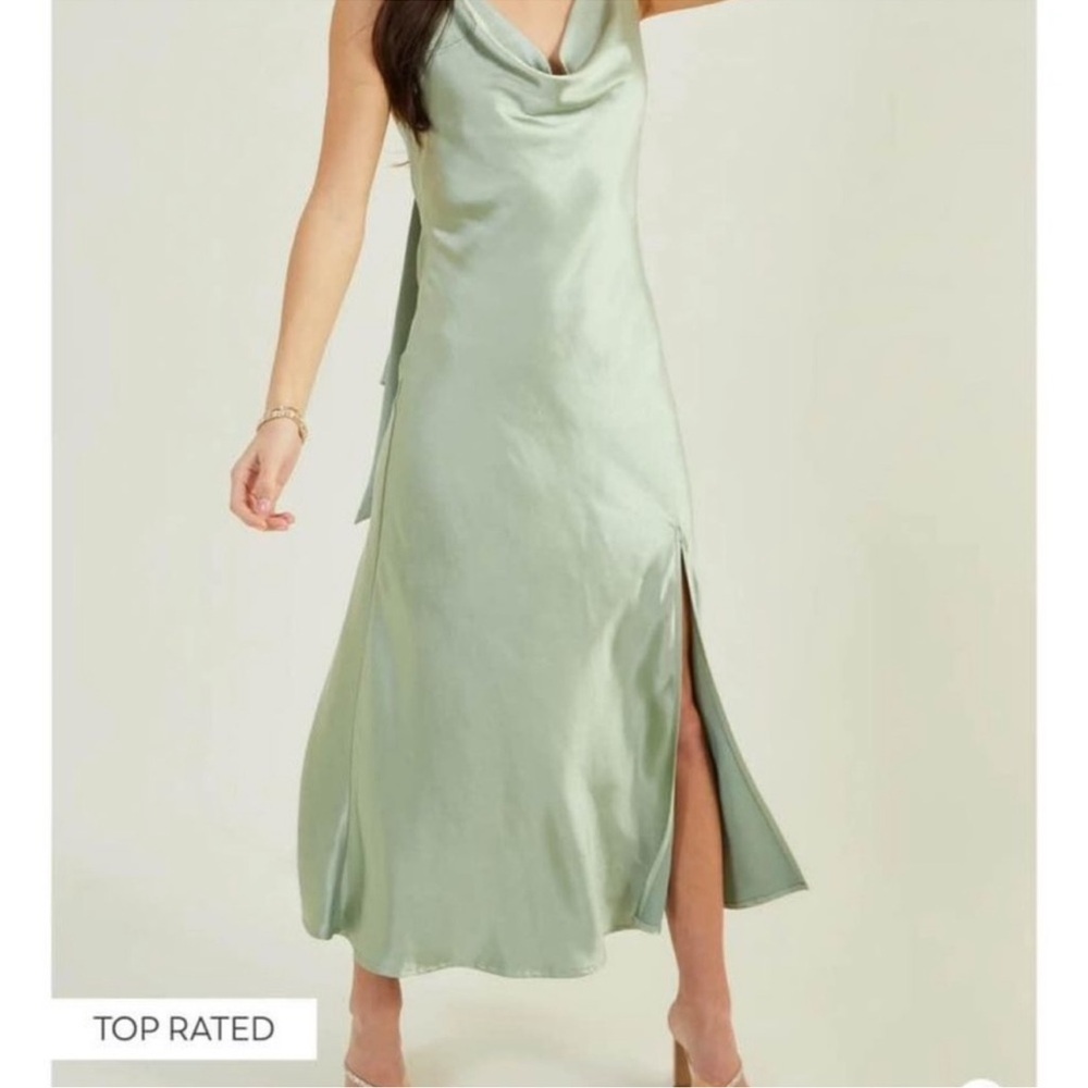 Altar’d State Daphne Sage Green Satin Midi Dress Cowl Neck Tie Back XS